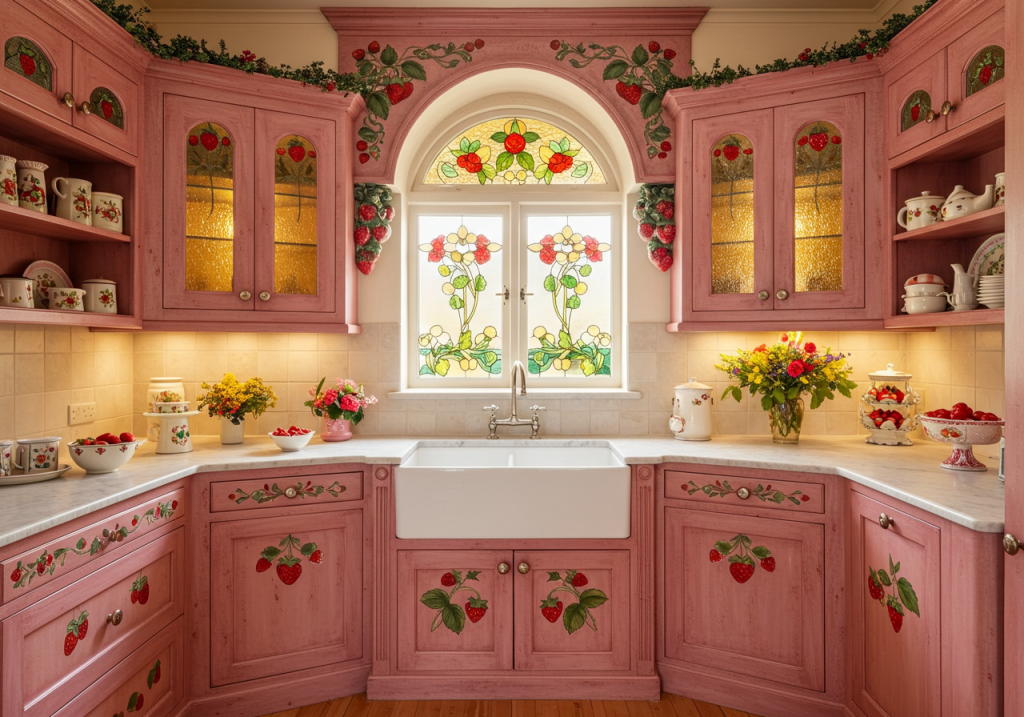 Strawberry Inspired Kitchen Window Design above sink